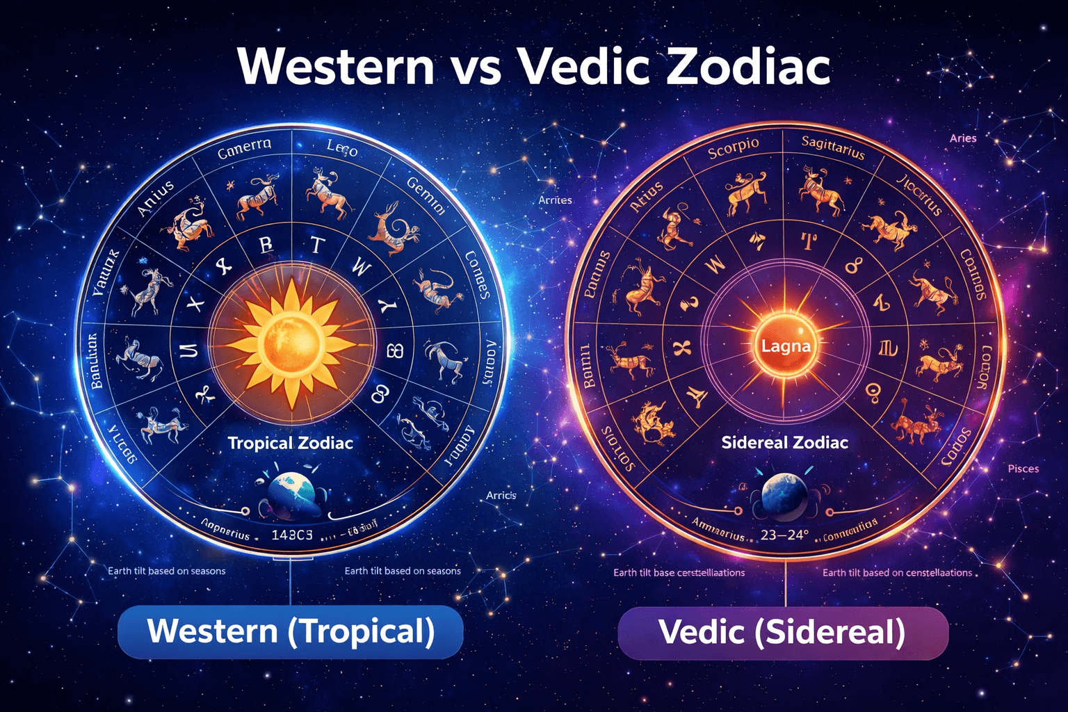 Western vs Vedic zodiac comparison tropical vs sidereal zodiac systems